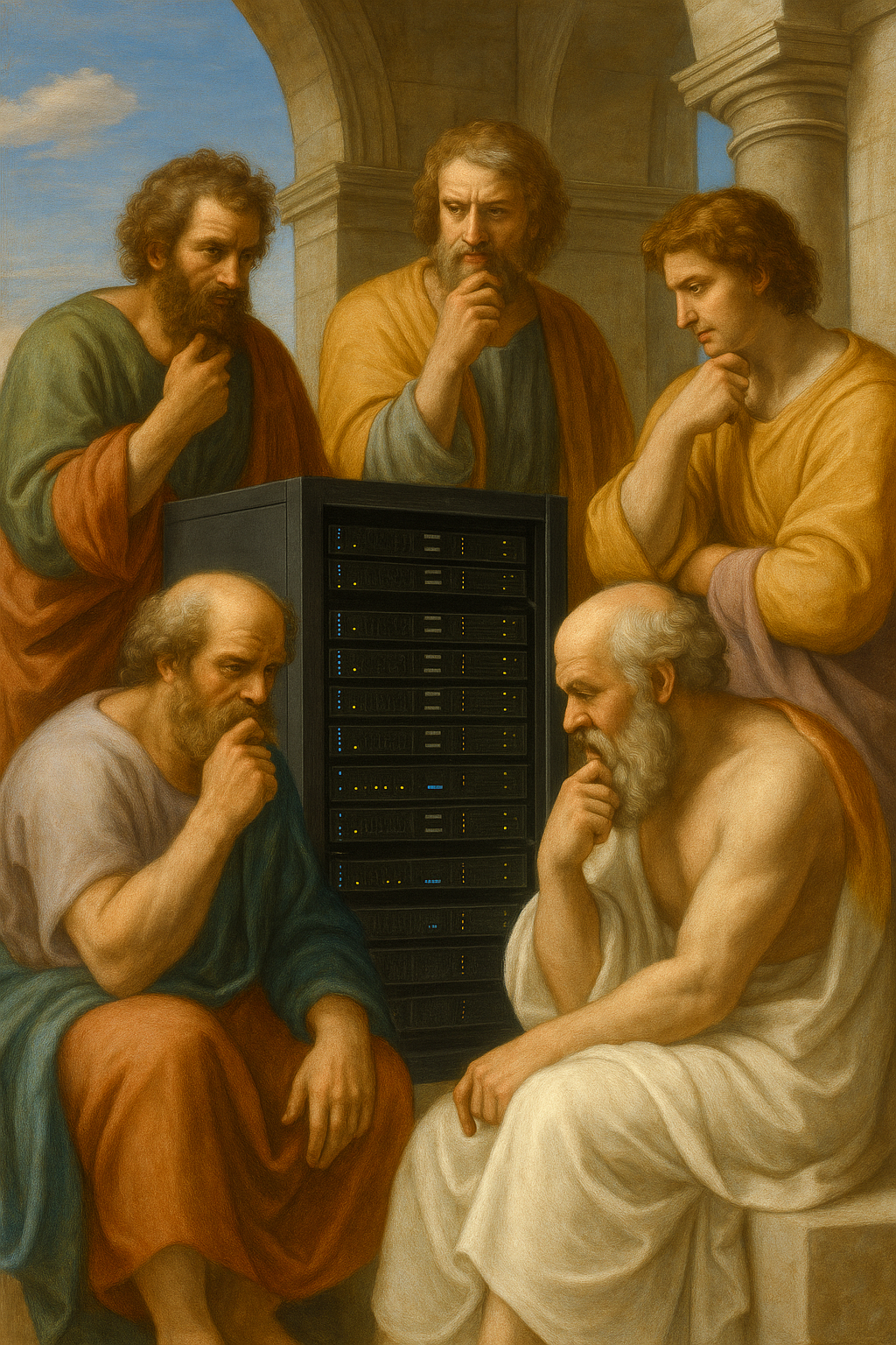Classical philosophers gathered around a modern server rack